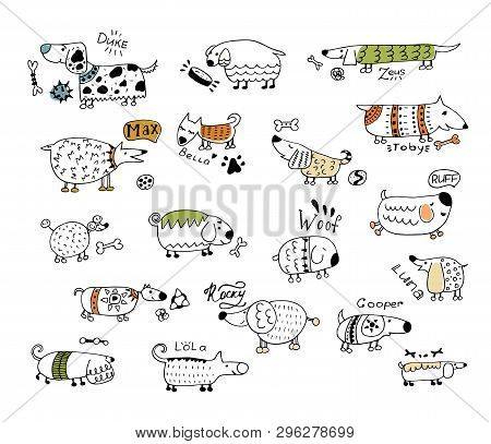 Vector Dogs. Illustration In Doodle Style. Stickers