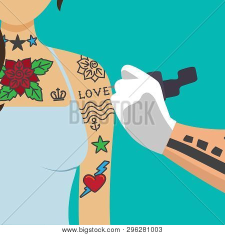 Tattooist Artist Paint Girl Body With Tattooing Machine. Tattoo Vector Illustration