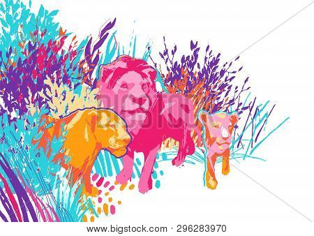 Family Of Three Lions Among The Grass And Bushes