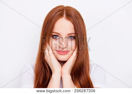 Close Up Photo Amazing Beautiful She Her Lady Straight Long Hair Hands Arms Touch Silty Ideal Facial