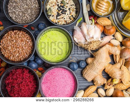 Various Colorful Superfood Powders, Cleasing And Detox Concept