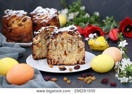 Easter Cake Craffin And Colorful Eggs On A Dark Background