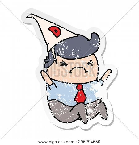 Hand drawn distressed sticker cartoon kawaii man in dunce hat