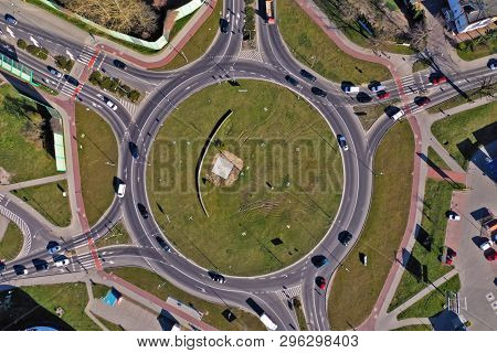 Koszalin, Poland - 1 April 2019 - Aerial View On City Koszalin, Area Of Solidarnosci Roundabout With