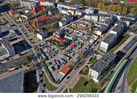 Koszalin, Poland - 1 April 2019 - Aerial View On City Koszalin, Area Of Solidarnosci Roundabout With