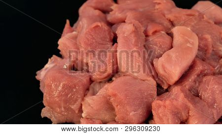 Meat On Blackboard. Sliced Pork. Minced Fillet Of Red Meat. Billets For Barbecue Or Kebab. Cut Meat.