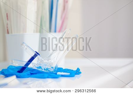 Medicine Instrument Vaginal Speculum, Vaginoscope, Gloves Gynecologist Doctor And Other Medical Equi
