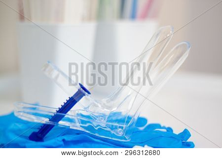 Medicine Instrument Vaginal Speculum, Vaginoscope, Gloves Gynecologist Doctor And Other Medical Equi