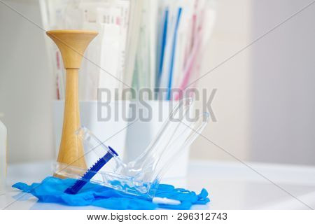 Medicine Instrument Vaginal Speculum, Vaginoscope, Gloves Gynecologist Doctor And Other Medical Equi