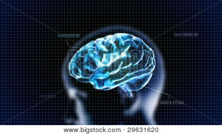 blau Kristall Gehirn mit Kopf und code