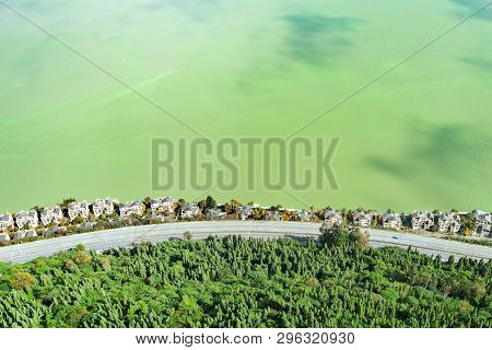 Aerial View Of The Road And Rich Houses By Dianchi Lake. Kunming. China. View From West Mountains.