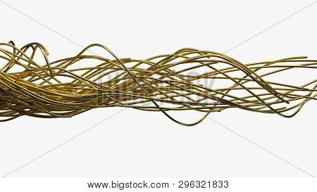Twisting Golden Wires. Flowing Metal Rods On Air. 3d Illustration