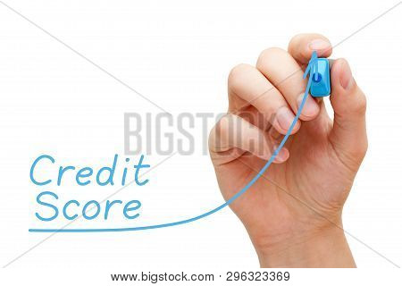 Hand Drawing Increasing Credit Score Graph With Blue Marker On Transparent Wipe Board. Improving Cre