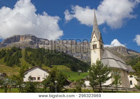 Church In Arabba Village, Dolomites Alps, Italy