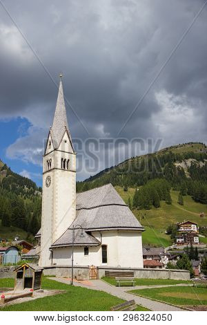 Church In Arabba Village, Dolomites Alps, Italy