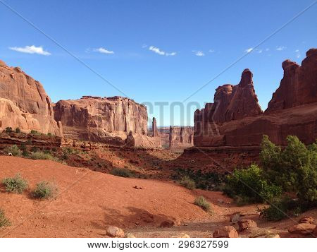 Courthouse Towers At Park Avenue Viewpoint In Arches National Park.   Near Moab, Utah.  Red Rocks An