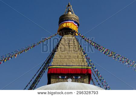 Boudhanath Stupa In Kathmandu, Nepal.  Buddhist Temple In Nepal.  Spherical Stupa With Wisdom Eyes, 