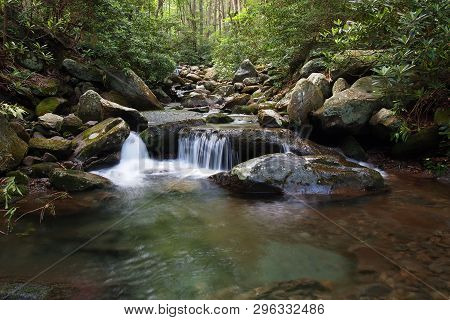 Trailside Creek In The Great Smoky Mountains National Park, Tennessee, In Early Summer.