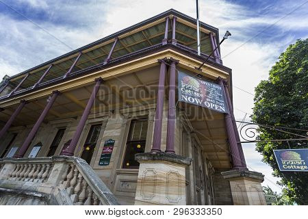Grafton, Australia - April 9, 2019: Facade Of A Heritage Building With Classical Architecture Elemen