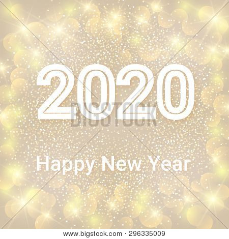 Happy New Year On Winter Holiday Background. Text 2020 With Bokeh And Lens Flare Pattern. Vector Ill
