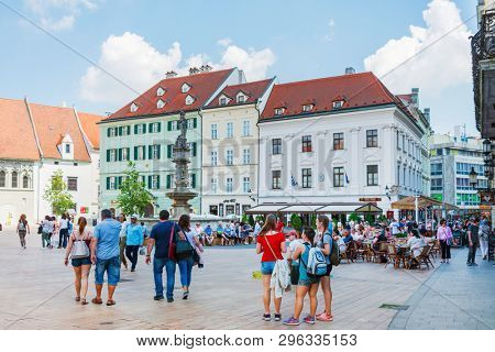 BRATISLAVA, SLOVAKIA - June 27, 2018: Tourists on foot Graben in Old Town Bratislava, Slovakia