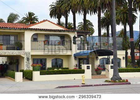 SANTA BARBARA, CALIFORNIA - APRIL 11, 2019: Hotel Milo, on Cabrillo Boulevard, is across from West Beach and Stearns Wharf.
