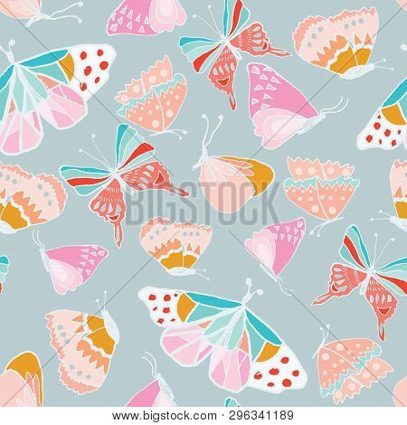 Hand Sketched Butterflies On Grey Background Seamless Pattern.