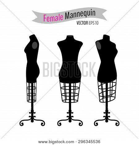 Set Of Woman Body Black Mannequins Isolated On White Background. Front And Side Mannequins On Floor 