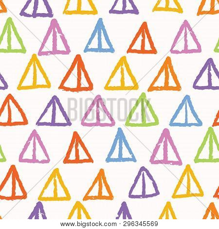 Hand Painted Rainbow Triangles. Seamless Repeat Pattern. Childish Fun Vector Illustration.