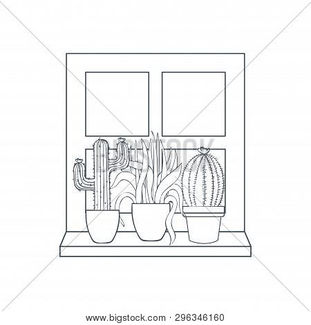 Cactus With  Potted On Shelf Isolated Icon Vector Illustration Design