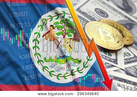 Belize Flag And Cryptocurrency Falling Trend With Two Bitcoins On Dollar Bills