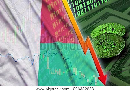 Madagascar Flag And Cryptocurrency Falling Trend With Two Bitcoins On Dollar Bills And Binary Code D