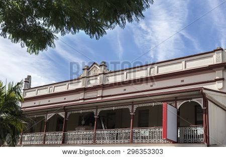 Grafton, Australia - April 9, 2019: View Of The Balcony With A Wrought Iron Balustrade Of The W.j. W