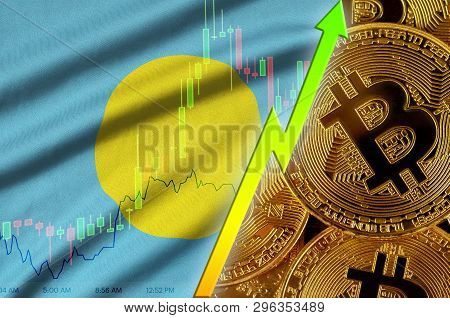 Palau Flag And Cryptocurrency Growing Trend With Many Golden Bitcoins