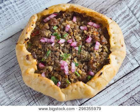 Beef Mince Sfiha - Arabian Opened Meat Pies On White Wood Background.