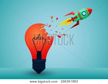 Think Outside The Box. Space Shuttle Ejected From The Lamp Launch To The Sky. Startup Business Conce