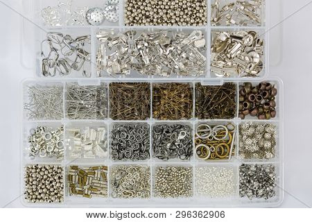 Box full of clasps, beads, head pins, clip on earring, jump rings for jewelry making supply