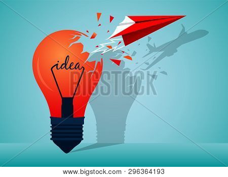 Think Outside The Box. Red Paper Plane Ejected From The Lamp Launch There Is A Shadow On The Wall As