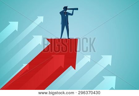 One Businessmen Standing Holding Binoculars On Red Arrow Fling Up To The Sky. Business Success Conce