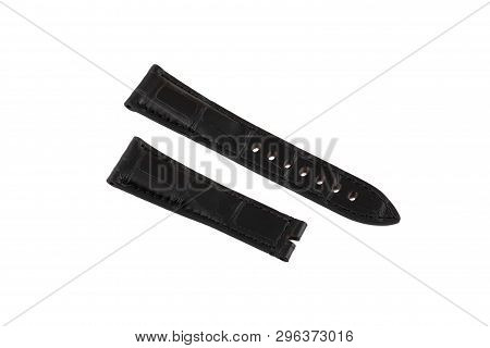 Black, Leather Watchband Stitched At The Edges, Isolated On White Background.