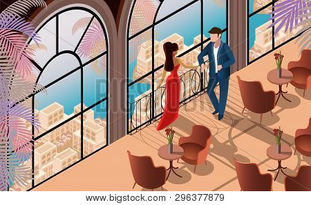 Woman Man Conversation In Restaraunt Vector Isometric Illustration. Married Beautiful Couple Family 