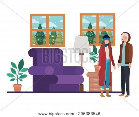 Couple Living Room With View The Landscape By Window Vector Illustration Desing