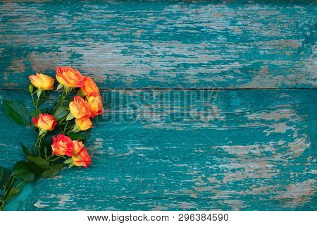 Background Of A Bouquet Of Beautiful Fresh Vivid Orange Roses Tinged With Red For Celebrating Valent