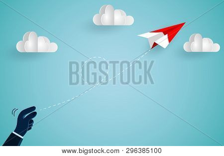 Hand Human Who Threw The Red Paper Plane Up To The Sky While Flying Above A Cloud. Creative Idea. Il