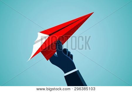 Hand Human Who Threw The Red Paper Plane Up To The Sky. Creative Idea. Illustration Cartoon Vector