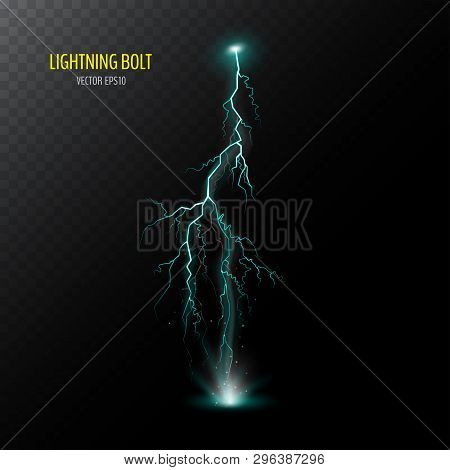 Blue Vertical Electrical Lightning Bolt Isolated On Dark Half Transparent. Vector Illustration For Y