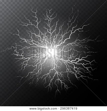 Half Transparent Lightning Bolt On Dark Transparent Background. Thunderbolt With Cloud. Vector Illus