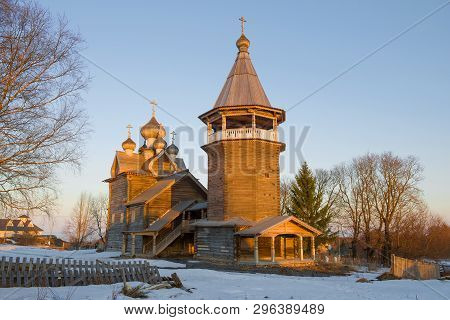The Old Wooden Church Of Dmitri The Theunite Myrrh-streaming In Close-ups In The Rays Of The Setting