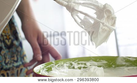 Kitchen Mixer Whips Cream Custard Pastry Whisk Rotates Rapidly. Food Processor Beat The Eggs White E