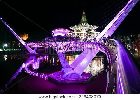 Kuching, Malaysia, April 18, 2019: The Darul Hana Bridge Across Sarawak River Overseeing The Sarawak